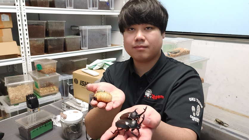 石田CEOが手に持っているのが環境に強いヤマトカブトムシと、その幼虫だ