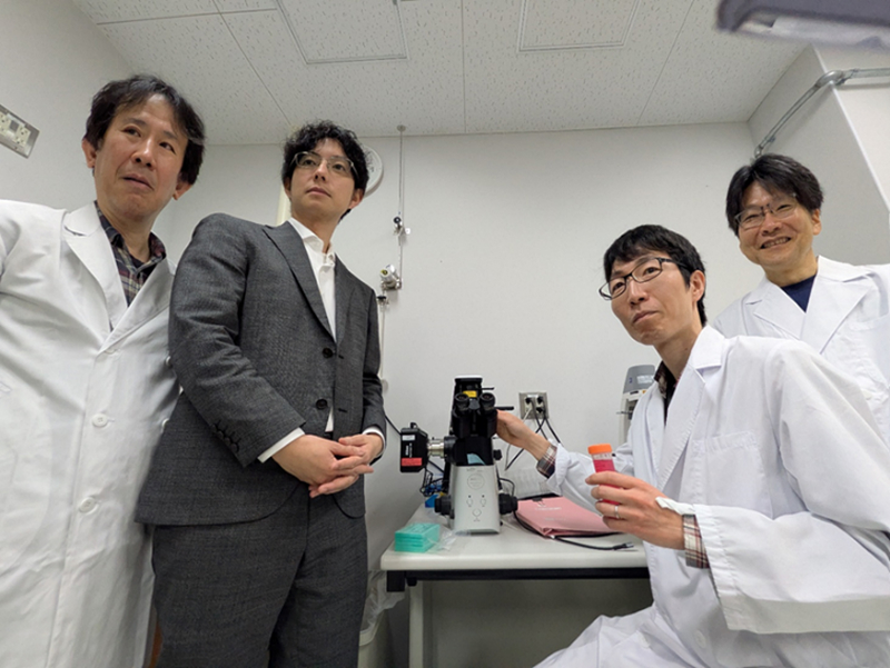 アオイバイオでは、阪大発ベンチャーのHuLA immune（フライミューン出身の岩井氏（左端）、大﨑氏（右から2人目）、森氏（右端）らが末田氏（中央）とともに、自己免疫疾患の研究に取り組んできた