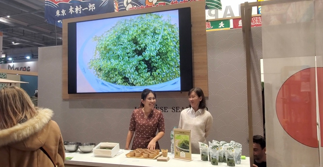 由希社長はパリで開かれた食品見本市でもプレゼンして、海ぶどうの販路開拓を進めてきた。