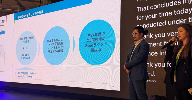 DRGの黒澤氏によれば、東京都のスタートアップ支援事業で協定を結ぶLINK-J の担当者である安賀博子氏（右）らの熱心な後押しを受けて、英国で共同研究をできる提携先を見つけた